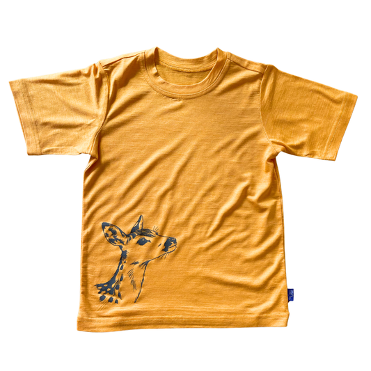 T-Shirt sonnengelb mit Reh, Merinowolle & Seide (bio/GOTS): 98-104 Glückskind NATURKINDCHEN
