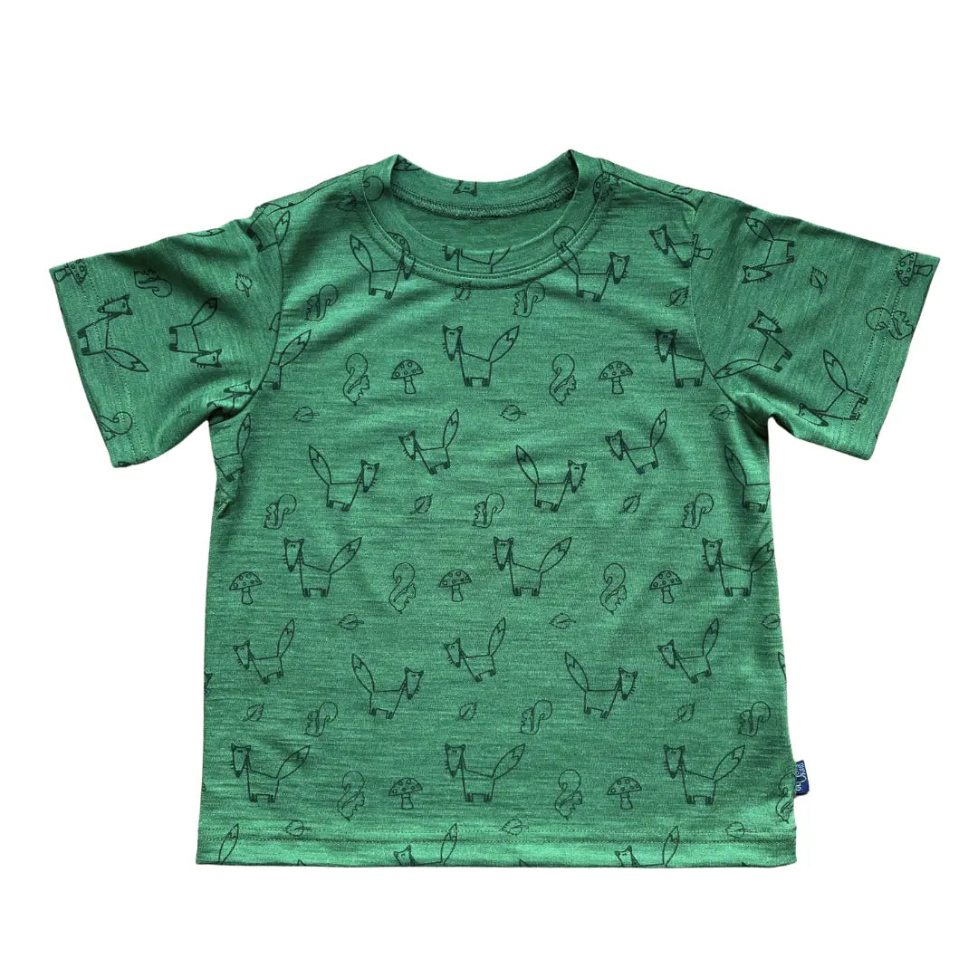 T-Shirt waldgrün mit Fuchs-Print, Merinowolle & Seide (bio/GOTS): 122-128 Glückskind