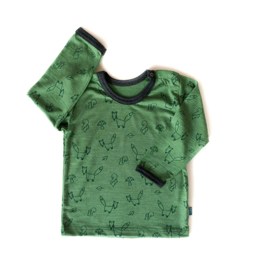 Shirt waldgrün Fuchs, Merinowolle & Seide (bio/GOTS): 86-92 Glückskind