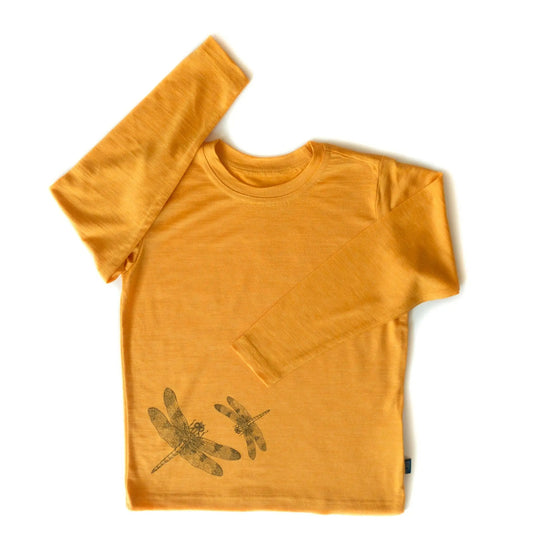 Shirt sonnengelb Libelle, Merinowolle & Seide (bio/GOTS): 122-128 Glückskind