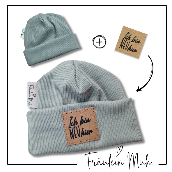 NEWBORN Mütze mit Spruch aus einfarbigem Rippjersey: Lilac / Newborn (35-39 cm) / Ich bin neu hier Fräulein Muh      NATURKINDCHEN