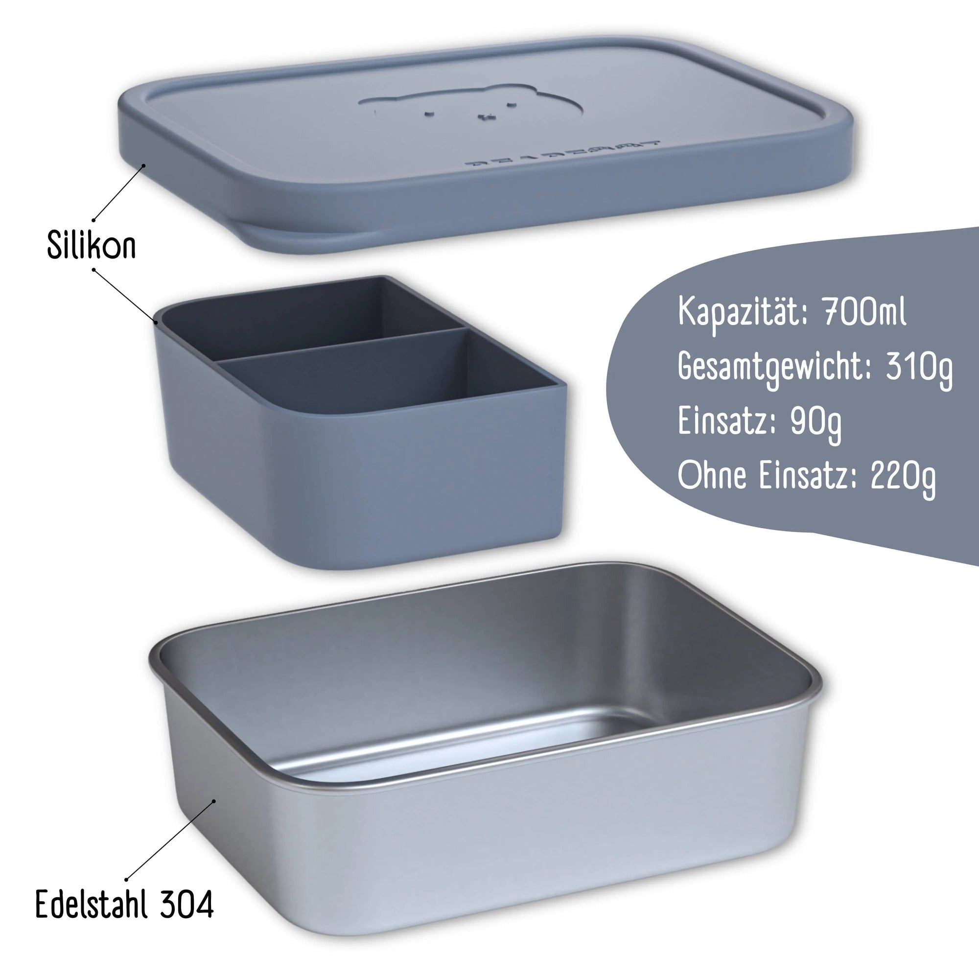 Brotdose Kinder Edelstahl mit Silikoneinsatz - Blau: 700ml BEARFOOT      NATURKINDCHEN