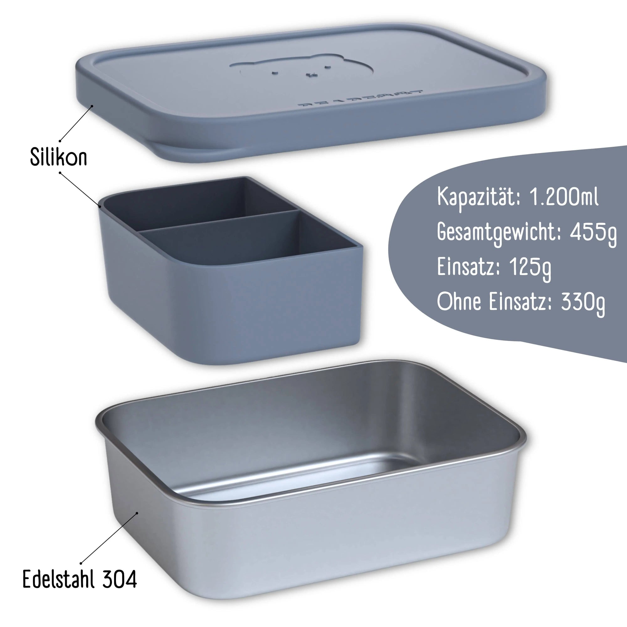 Brotdose Kinder Edelstahl mit Silikoneinsatz - Blau: 700ml BEARFOOT      NATURKINDCHEN