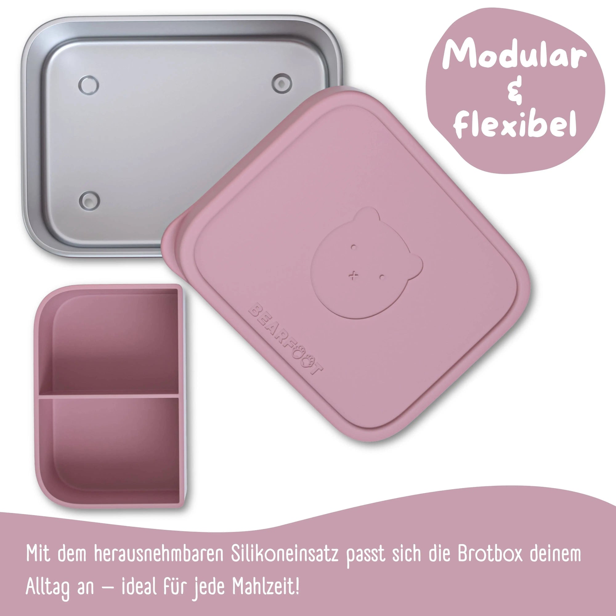 Brotdose Kinder Edelstahl mit Silikoneinsatz - Rosa: 700ml BEARFOOT      NATURKINDCHEN