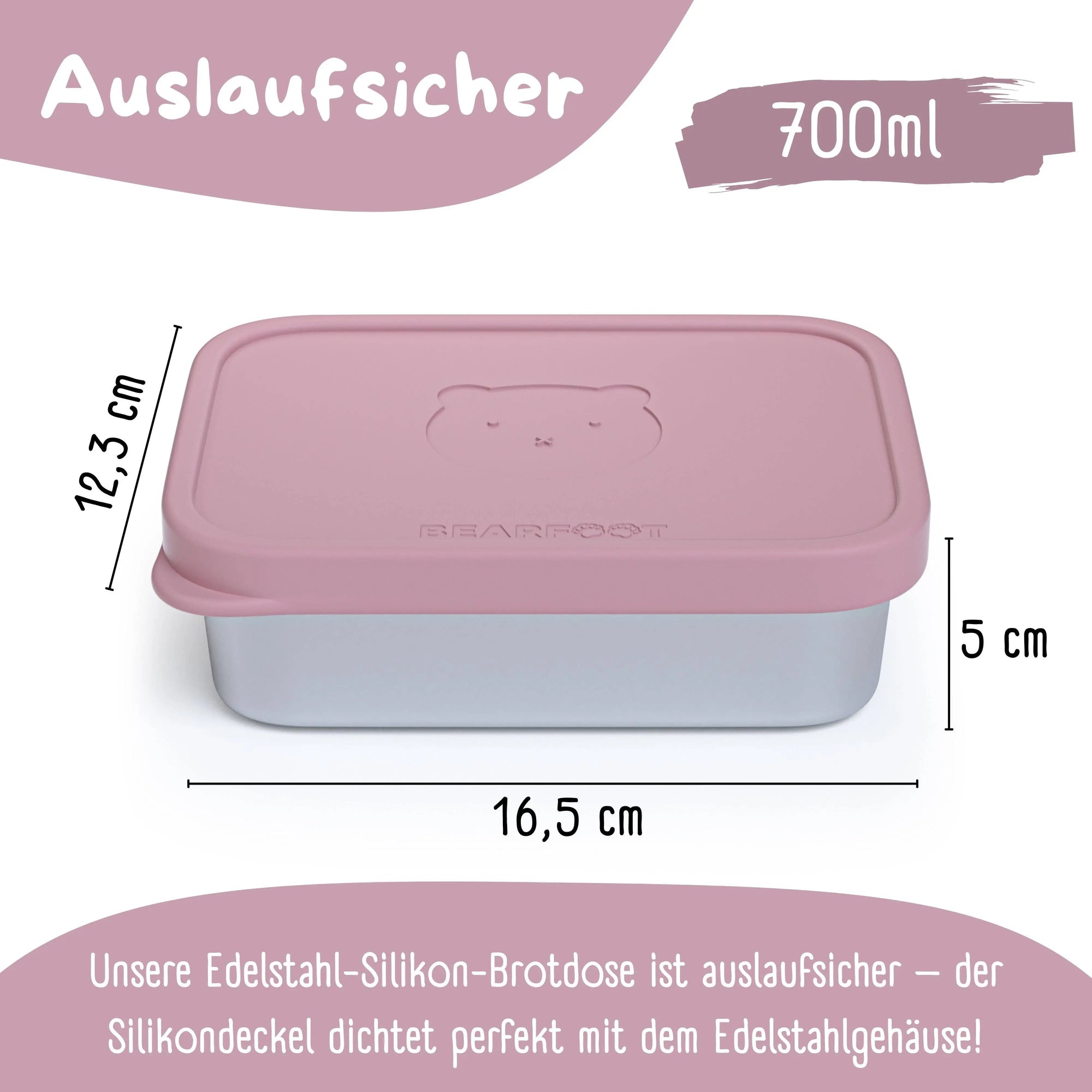 Brotdose Kinder Edelstahl mit Silikoneinsatz - Rosa: 700ml BEARFOOT      NATURKINDCHEN