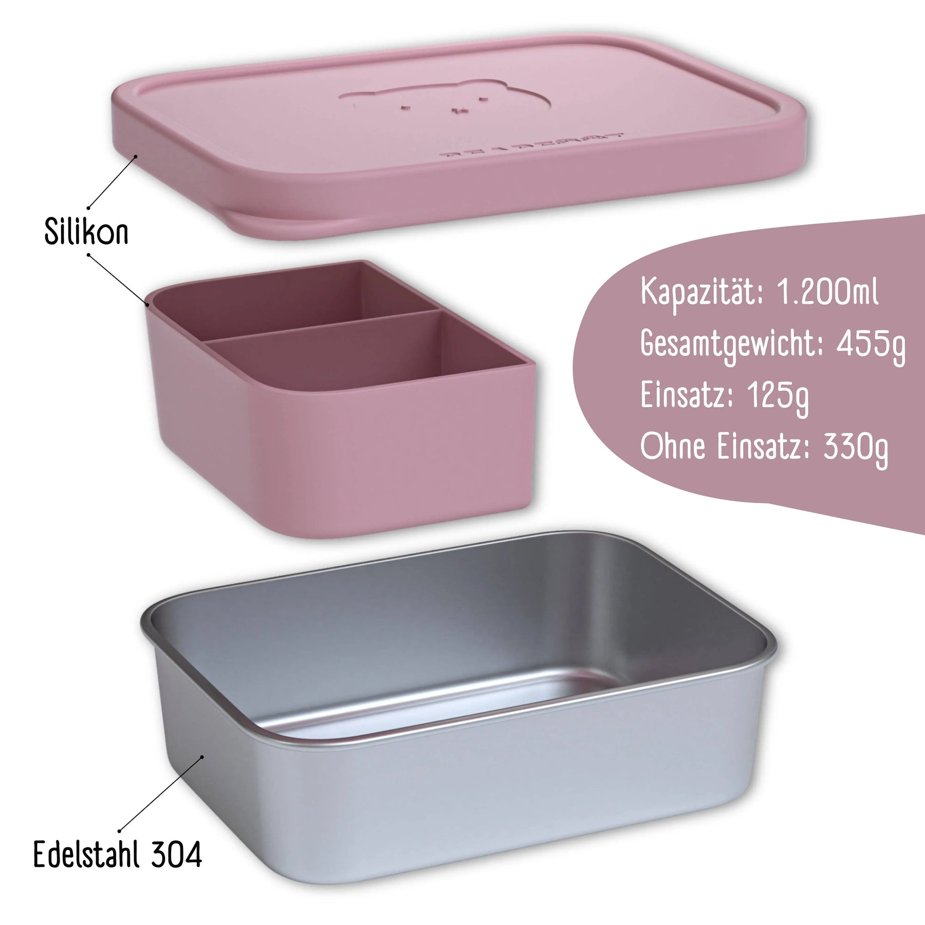 Brotdose Kinder Edelstahl mit Silikoneinsatz - Rosa: 700ml BEARFOOT      NATURKINDCHEN