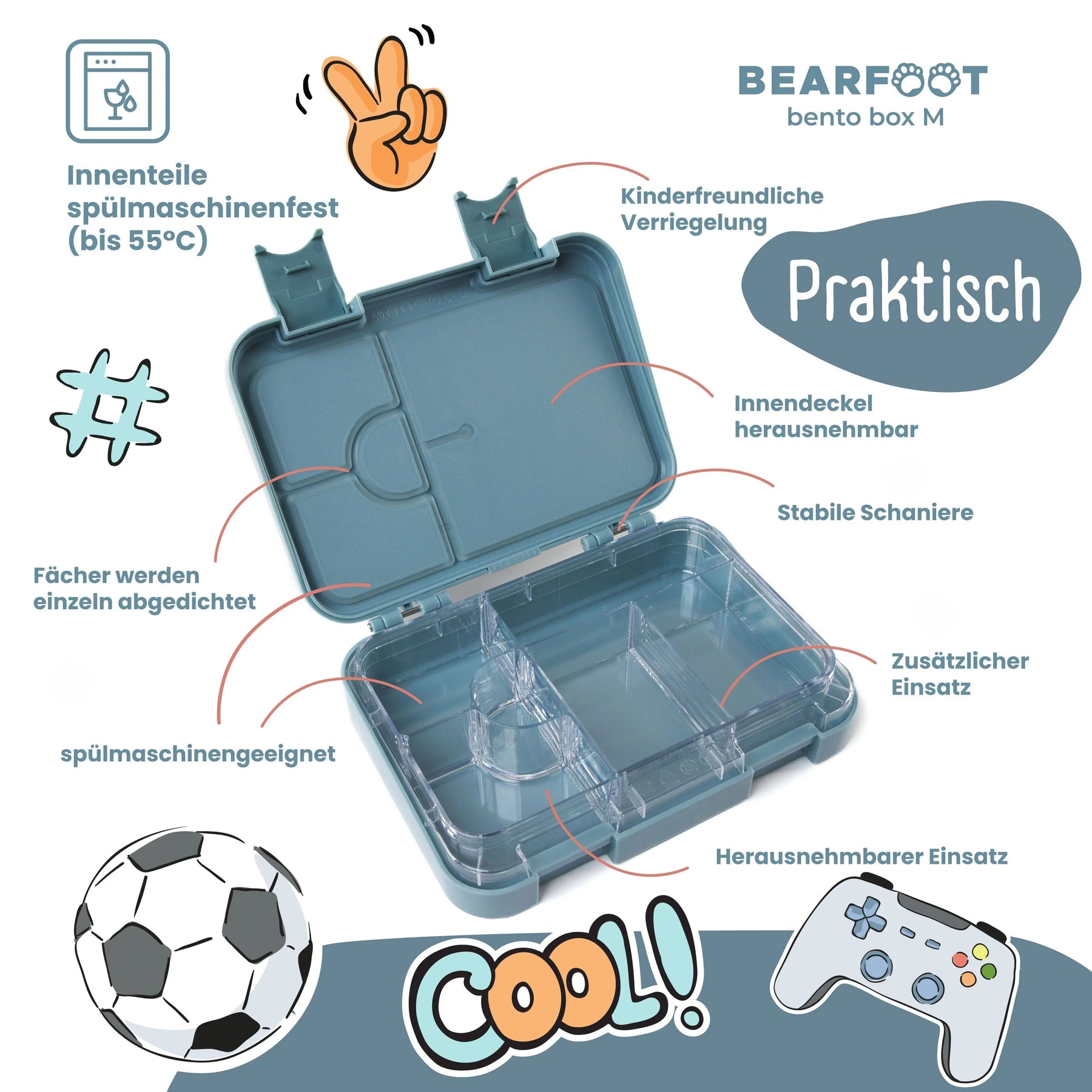 Brotdose Kinder mit Fächern, Lunchbox, Bento box - Blau BEARFOOT      NATURKINDCHEN