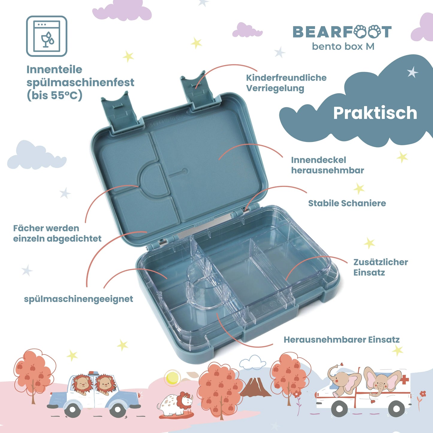 Brotdose Kinder mit Fächern, Lunchbox, Bento box, Feuerwehr BEARFOOT      NATURKINDCHEN