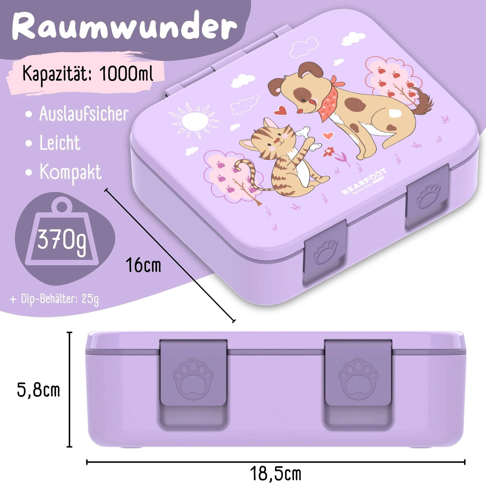 Brotdose mit Fächern, auslaufsicher - Hund & Katze lila: 1.000ml BEARFOOT      NATURKINDCHEN