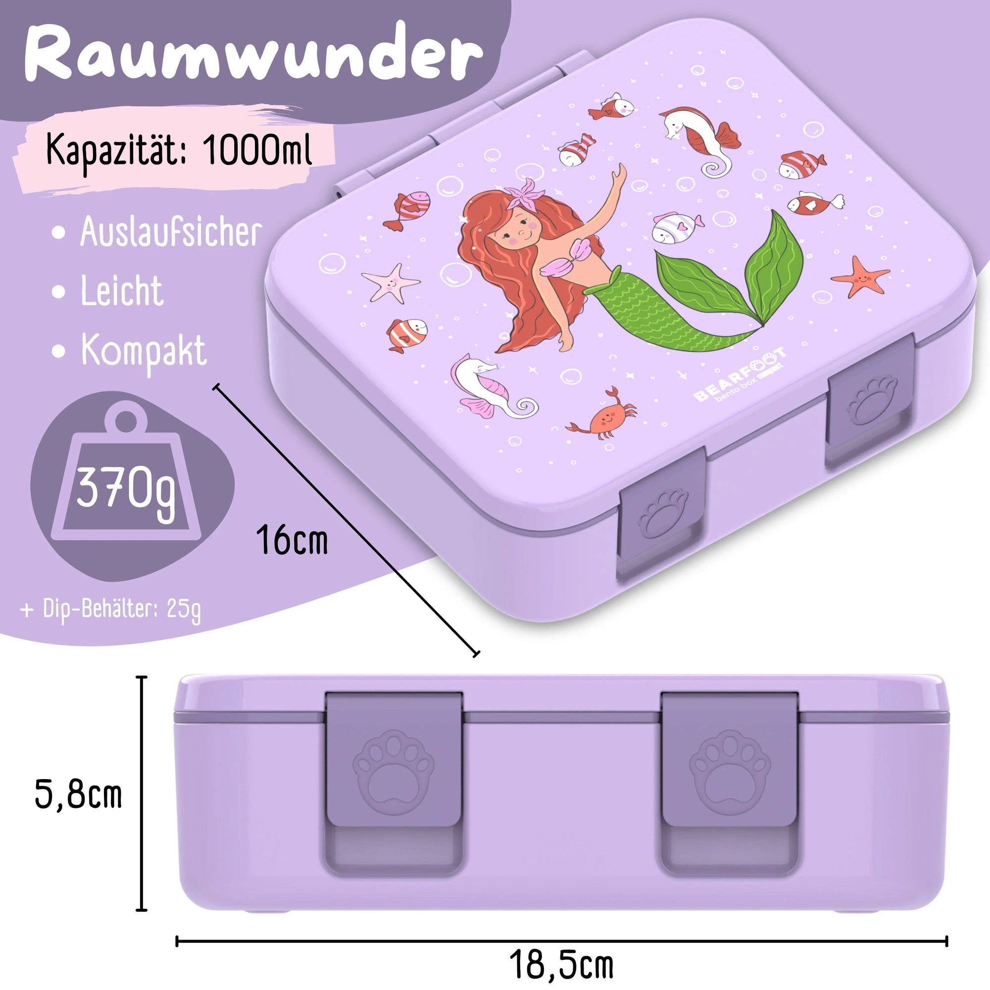 Brotdose mit Fächern, auslaufsicher - Meerjungfrau lila: 1.000ml BEARFOOT      NATURKINDCHEN