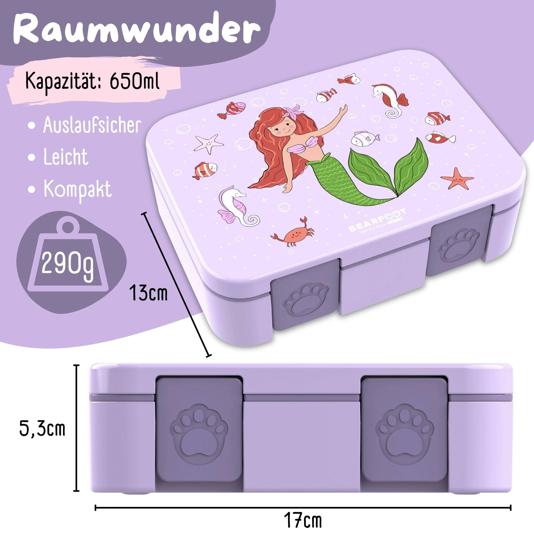 Brotdose mit Fächern, auslaufsicher - Meerjungfrau lila: 1.000ml BEARFOOT      NATURKINDCHEN