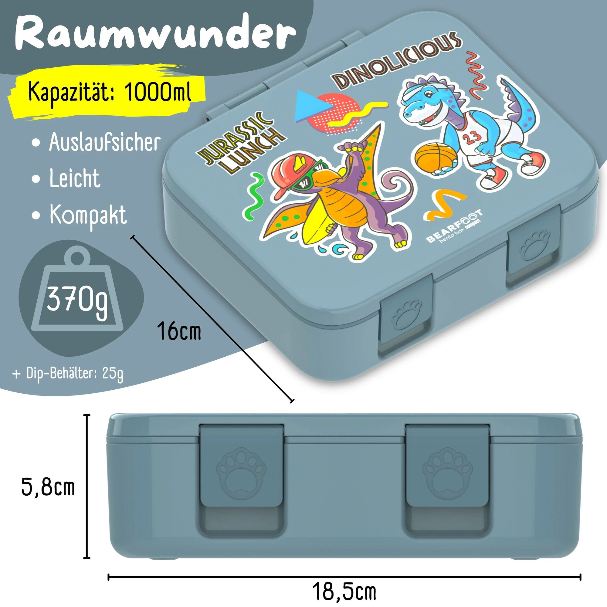 Brotdose mit Fächern, leicht & auslaufsicher - Dinos blau: 1.000ml BEARFOOT      NATURKINDCHEN