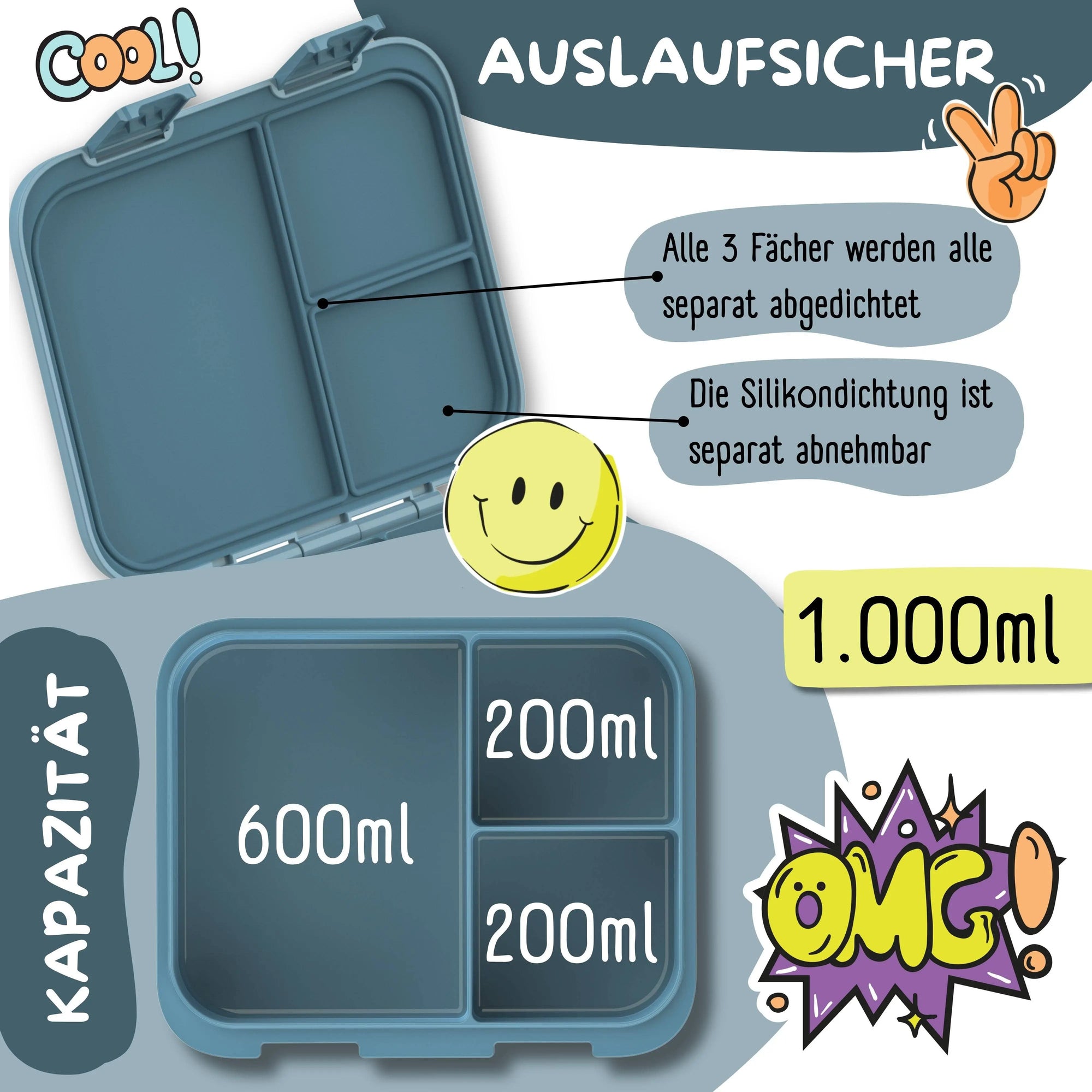Brotdose mit Fächern, leicht & auslaufsicher - Dinos blau: 1.000ml BEARFOOT      NATURKINDCHEN