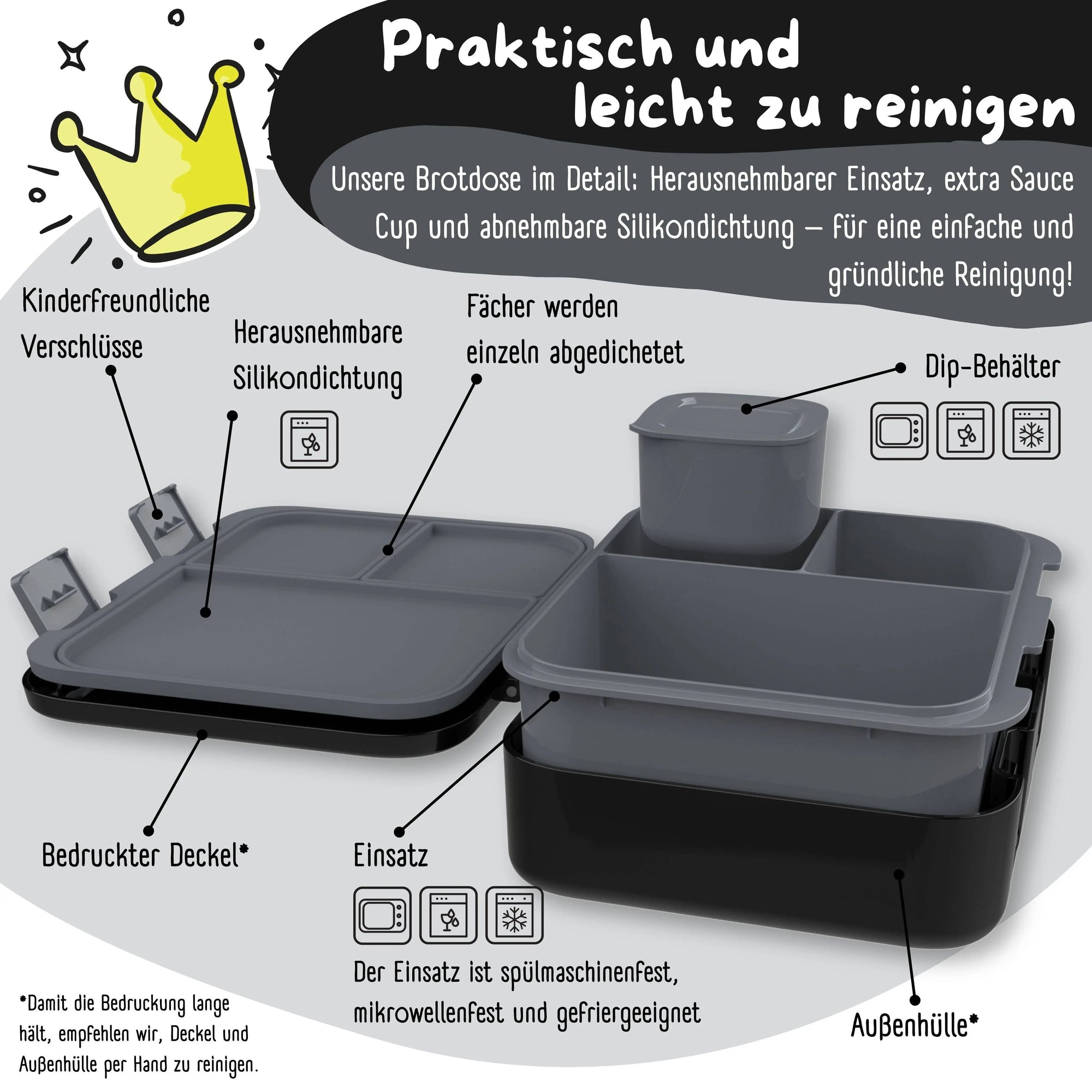 Brotdose mit Fächern, leicht & auslaufsicher - Dinos schwarz: 1.000ml BEARFOOT      NATURKINDCHEN