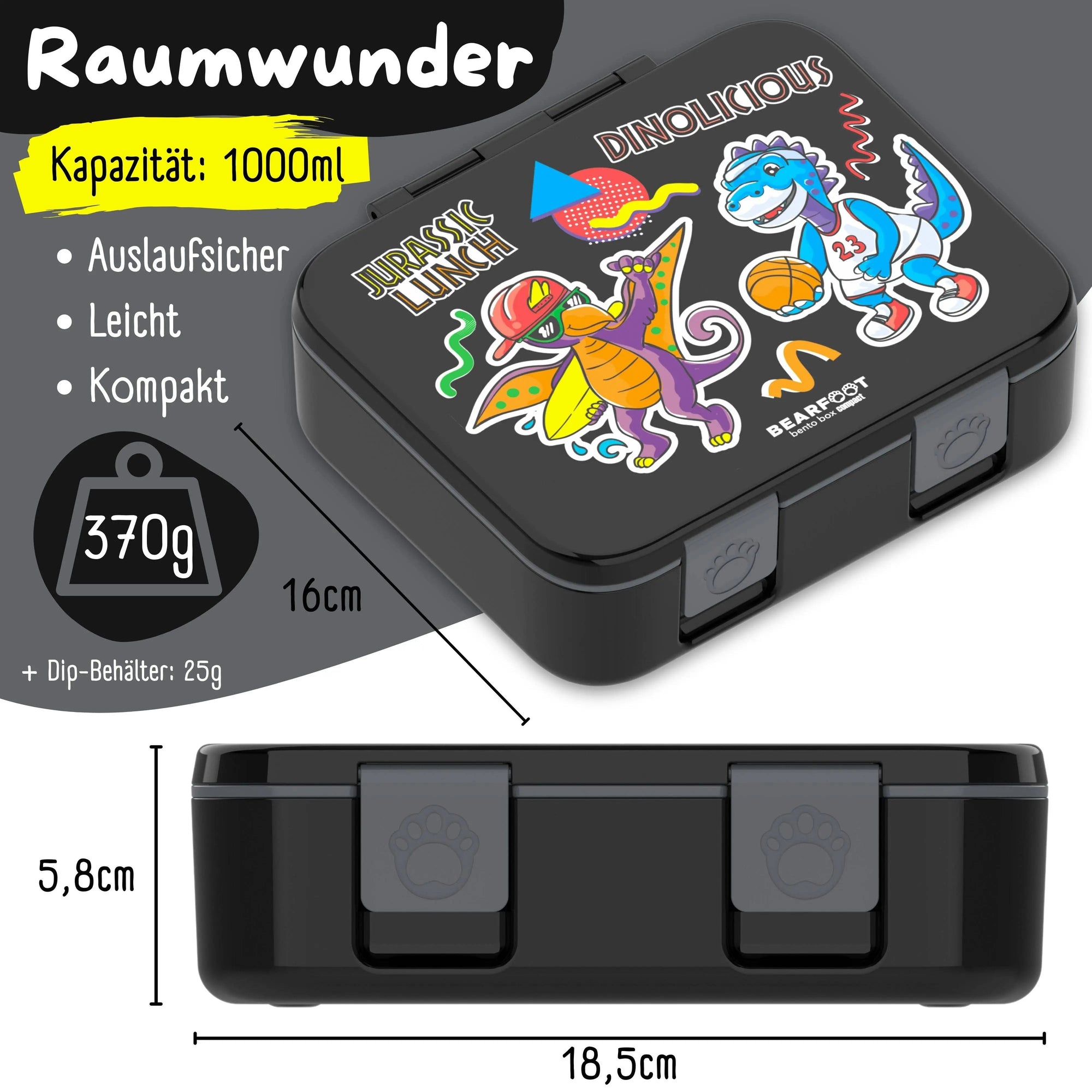 Brotdose mit Fächern, leicht & auslaufsicher - Dinos schwarz: 1.000ml BEARFOOT      NATURKINDCHEN