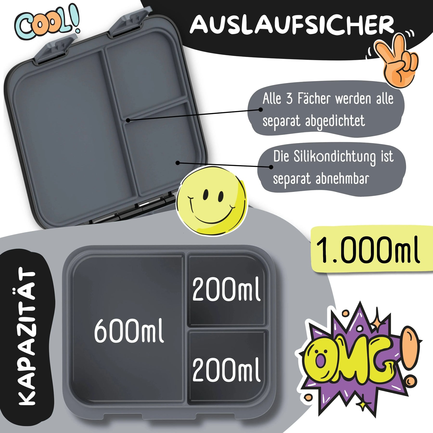 Brotdose mit Fächern, leicht & auslaufsicher - Dinos schwarz: 1.000ml BEARFOOT      NATURKINDCHEN