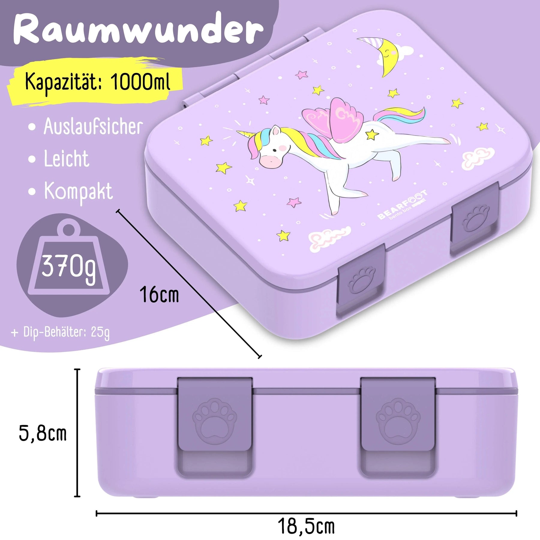Brotdose mit Fächern, leicht & auslaufsicher - Einhorn lila: 1.000ml BEARFOOT      NATURKINDCHEN