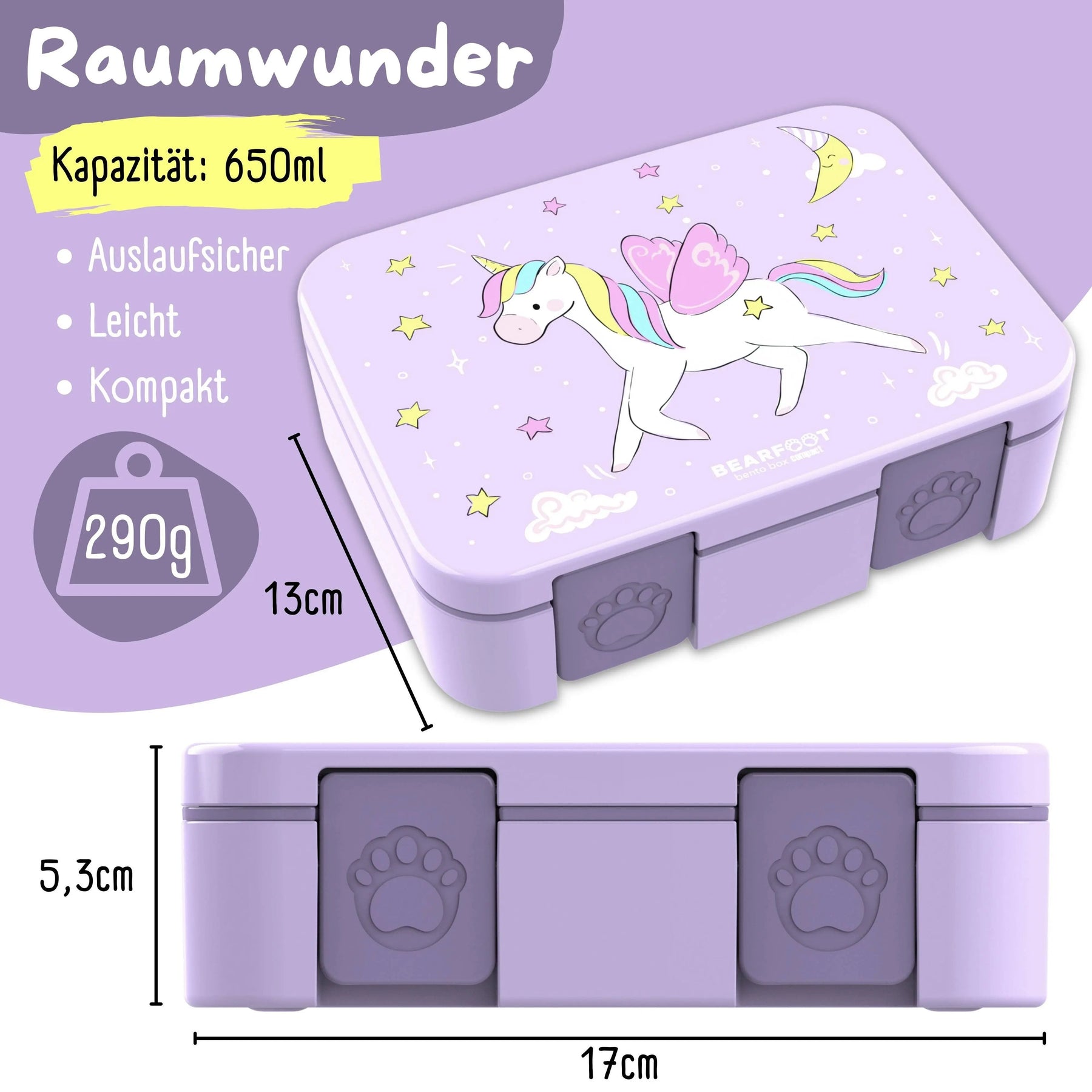 Brotdose mit Fächern, leicht & auslaufsicher - Einhorn lila: 1.000ml BEARFOOT      NATURKINDCHEN