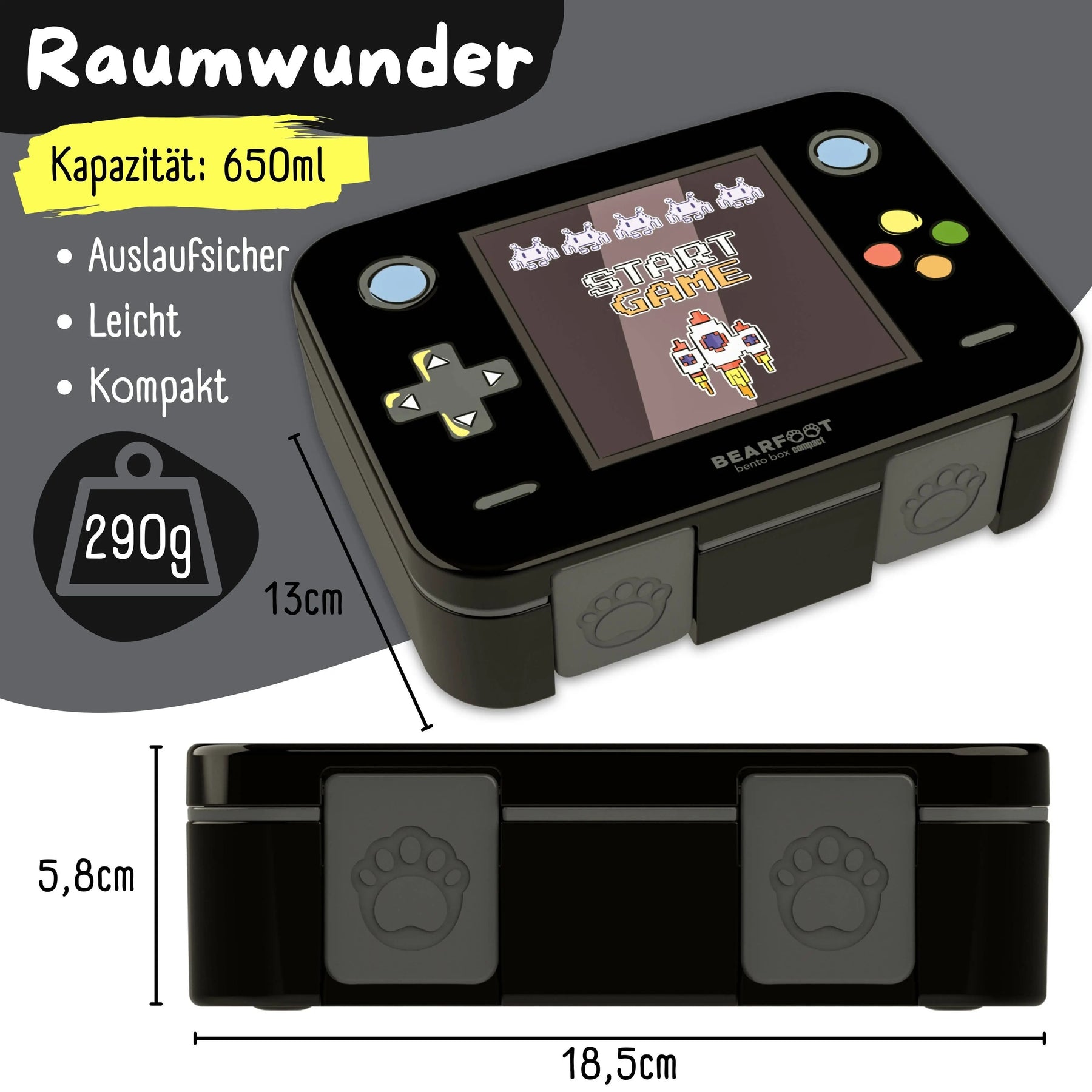 Brotdose mit Fächern, leicht & auslaufsicher - Game schwarz: 1.000ml BEARFOOT      NATURKINDCHEN