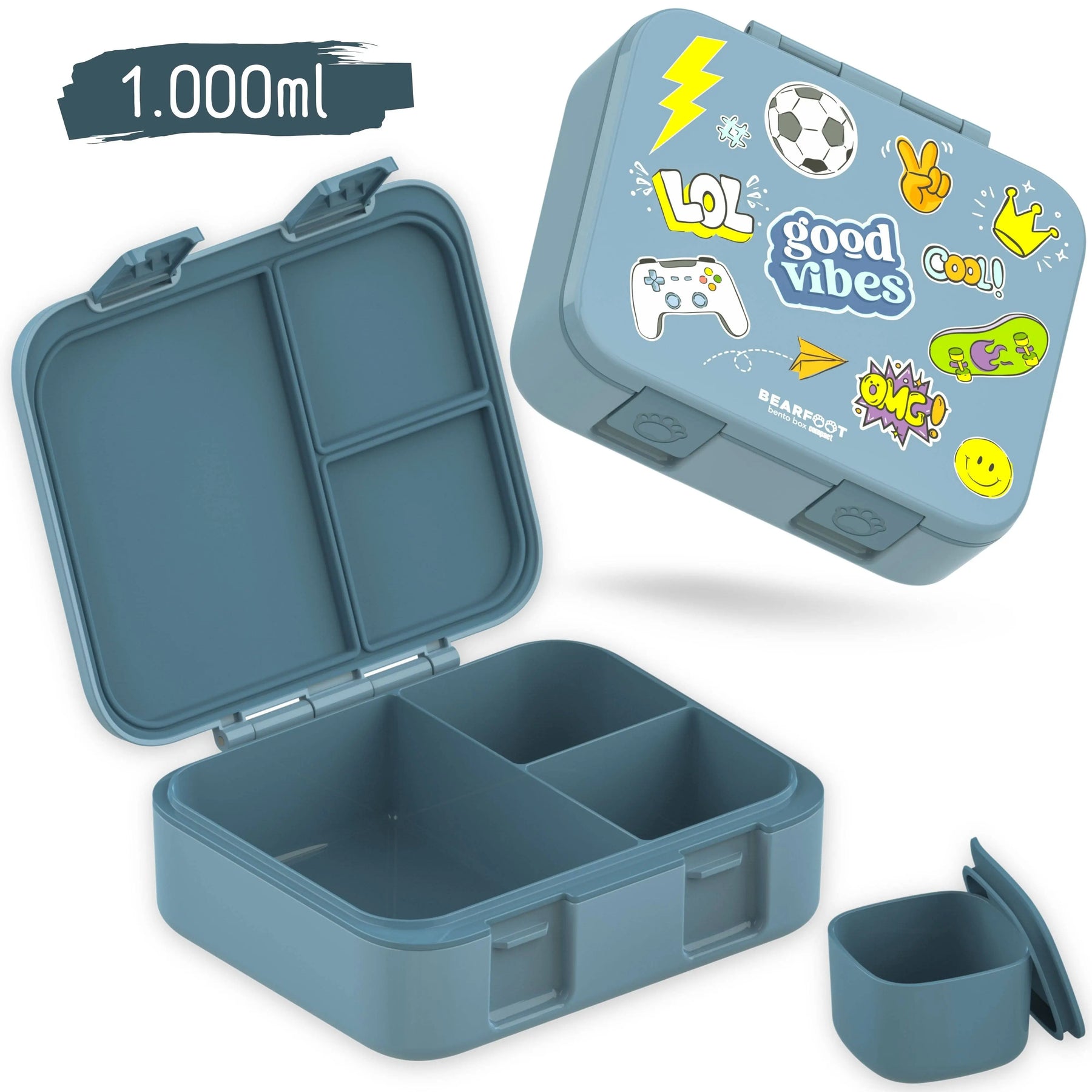 Brotdose mit Fächern, leicht & auslaufsicher - Sticker blau: 1.000ml BEARFOOT      NATURKINDCHEN