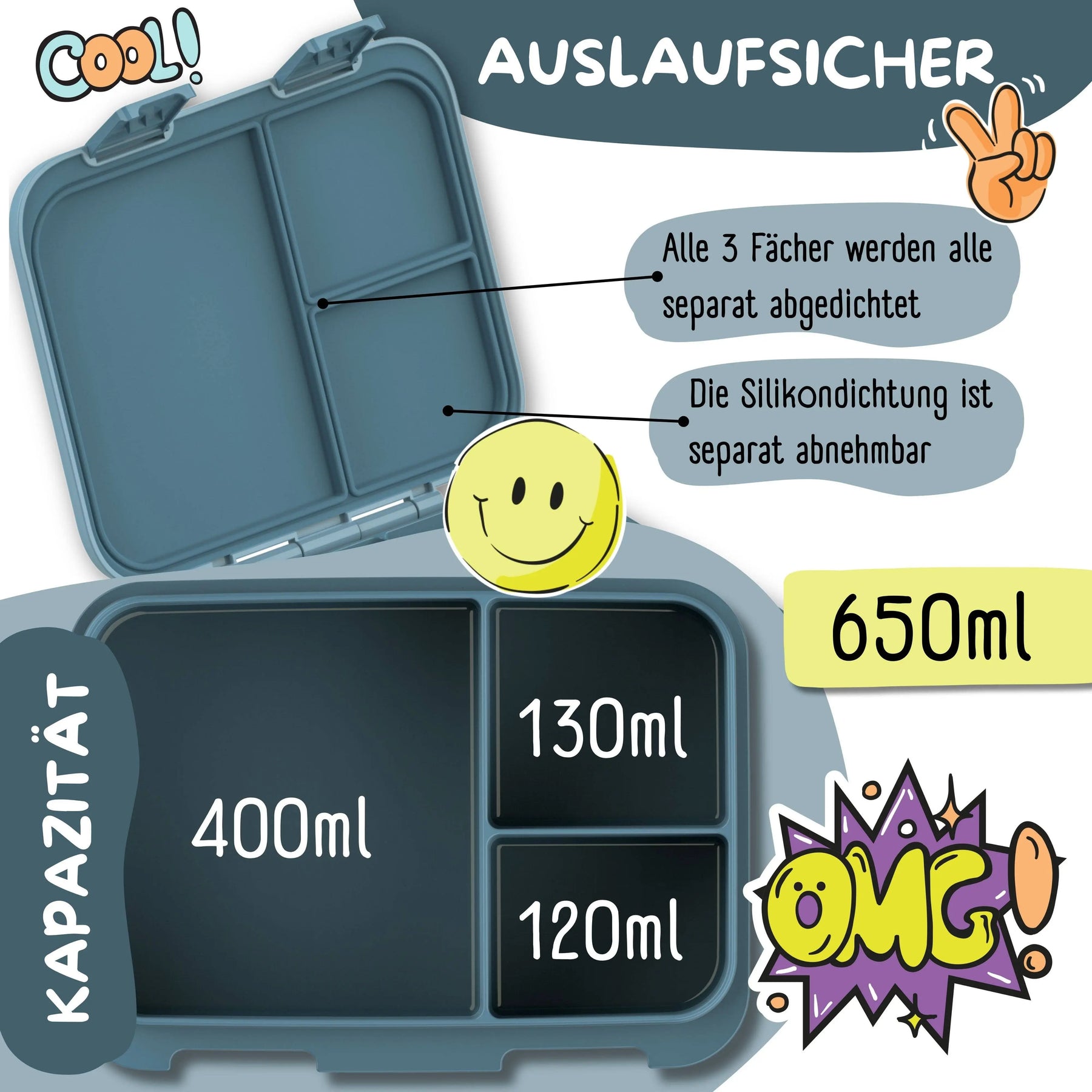Brotdose mit Fächern, leicht & auslaufsicher - Sticker blau: 1.000ml BEARFOOT      NATURKINDCHEN