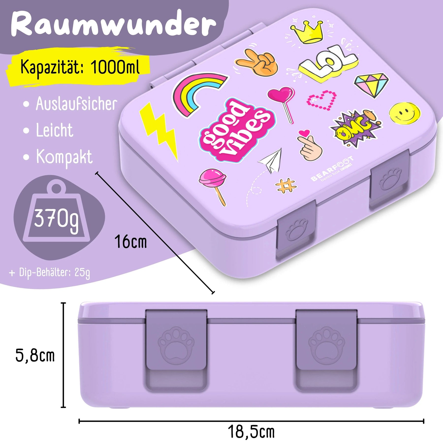 Brotdose mit Fächern, leicht & auslaufsicher - Sticker lila: 1.000ml BEARFOOT      NATURKINDCHEN