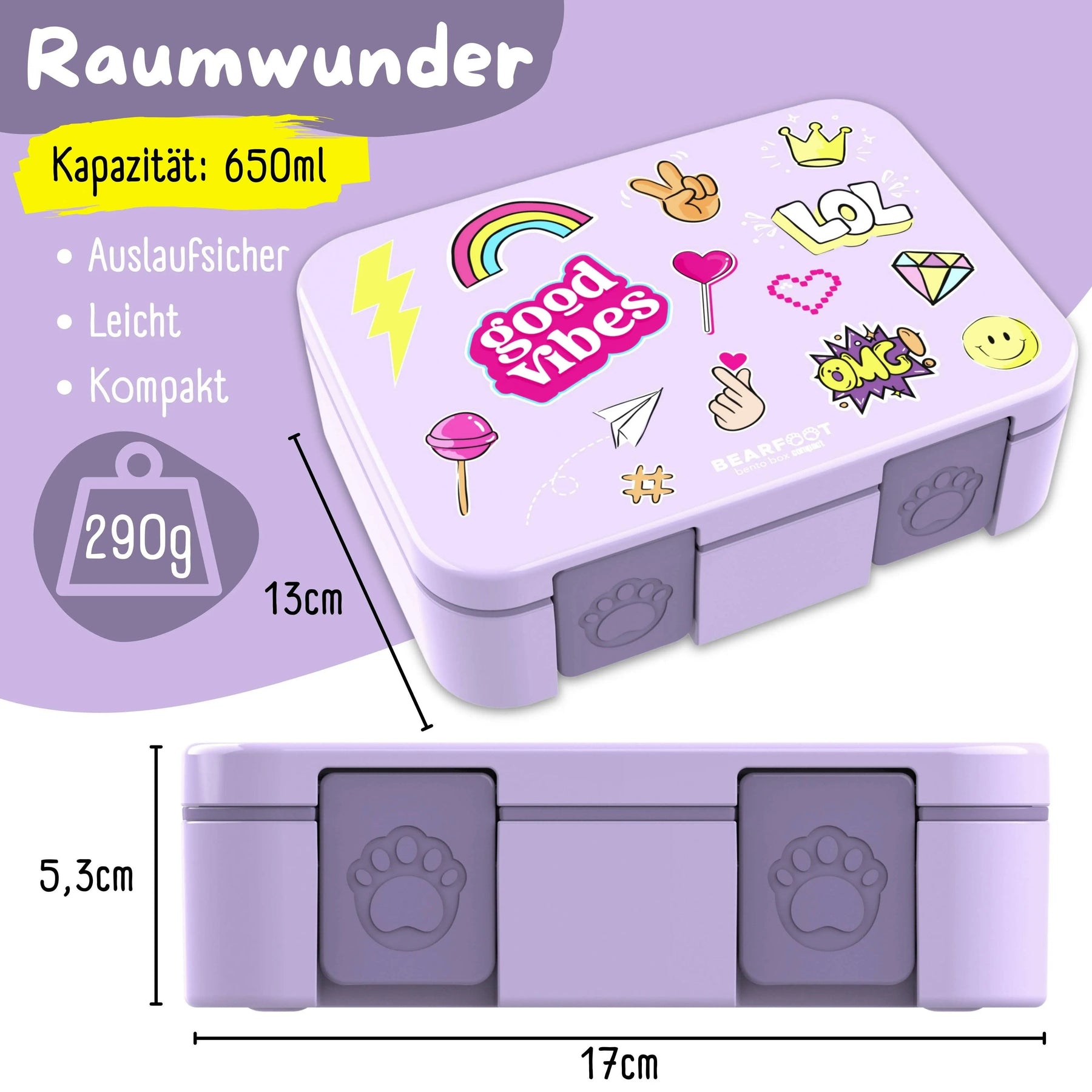 Brotdose mit Fächern, leicht & auslaufsicher - Sticker lila: 1.000ml BEARFOOT      NATURKINDCHEN