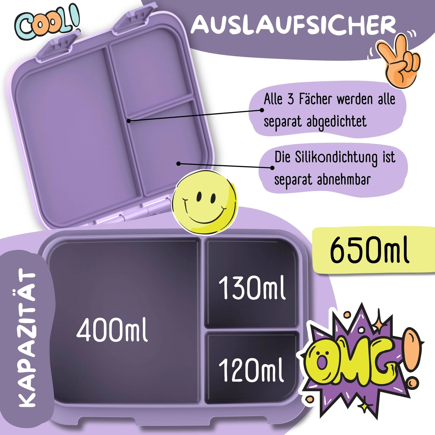 Brotdose mit Fächern, leicht & auslaufsicher - Sticker lila: 1.000ml BEARFOOT      NATURKINDCHEN