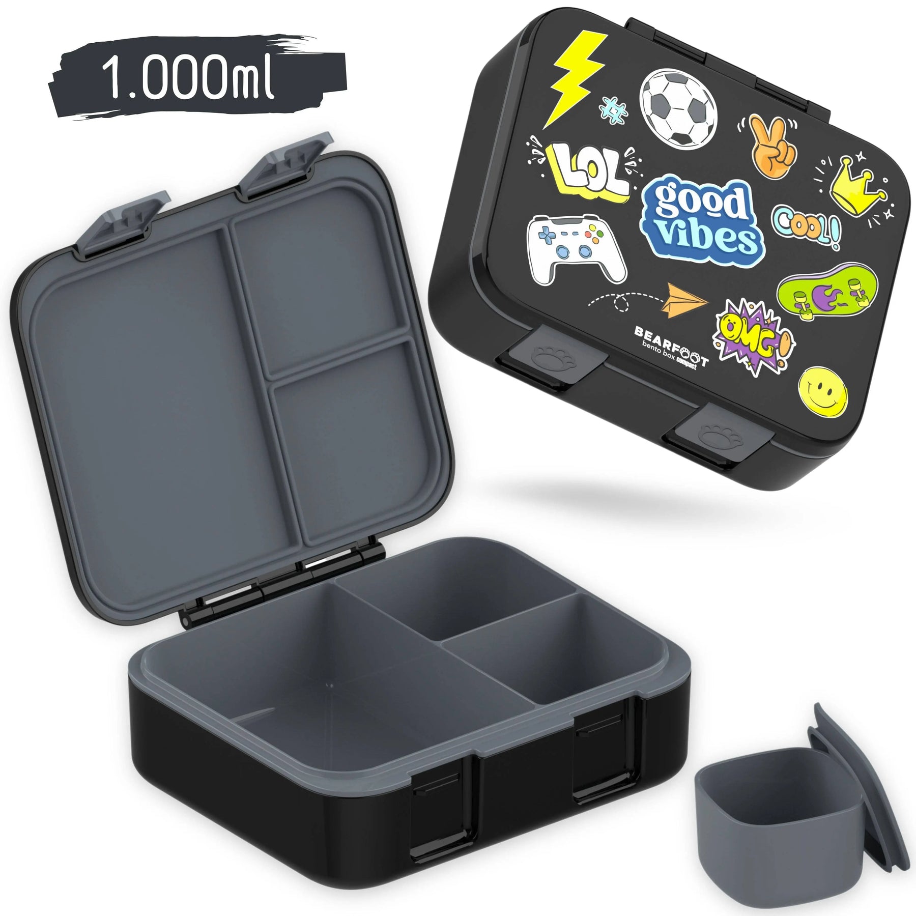 Brotdose mit Fächern, leicht & auslaufsicher - Sticker schwarz: 1.000ml BEARFOOT      NATURKINDCHEN