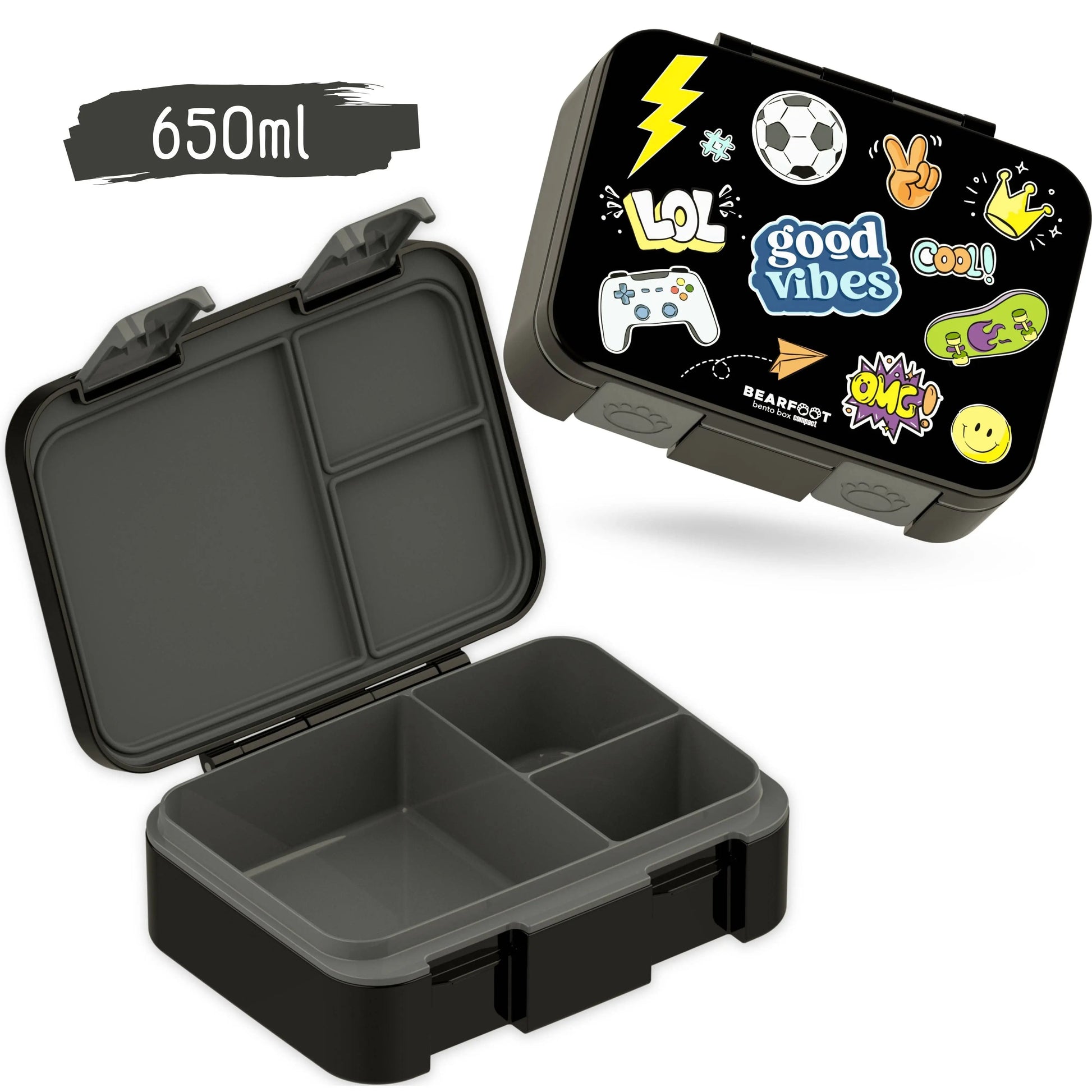 Brotdose mit Fächern, leicht & auslaufsicher - Sticker schwarz: 1.000ml BEARFOOT      NATURKINDCHEN