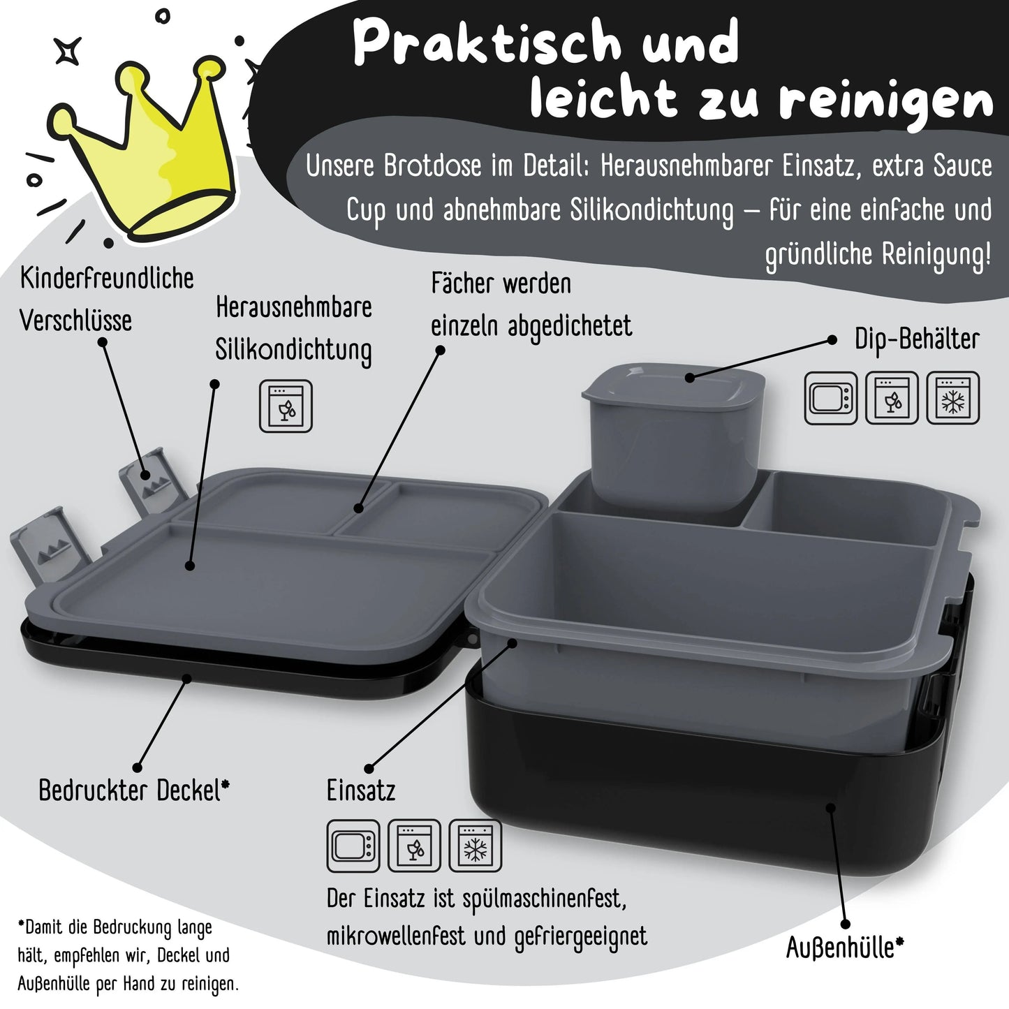 Brotdose mit Fächern, leicht & auslaufsicher - Sticker schwarz: 1.000ml BEARFOOT      NATURKINDCHEN