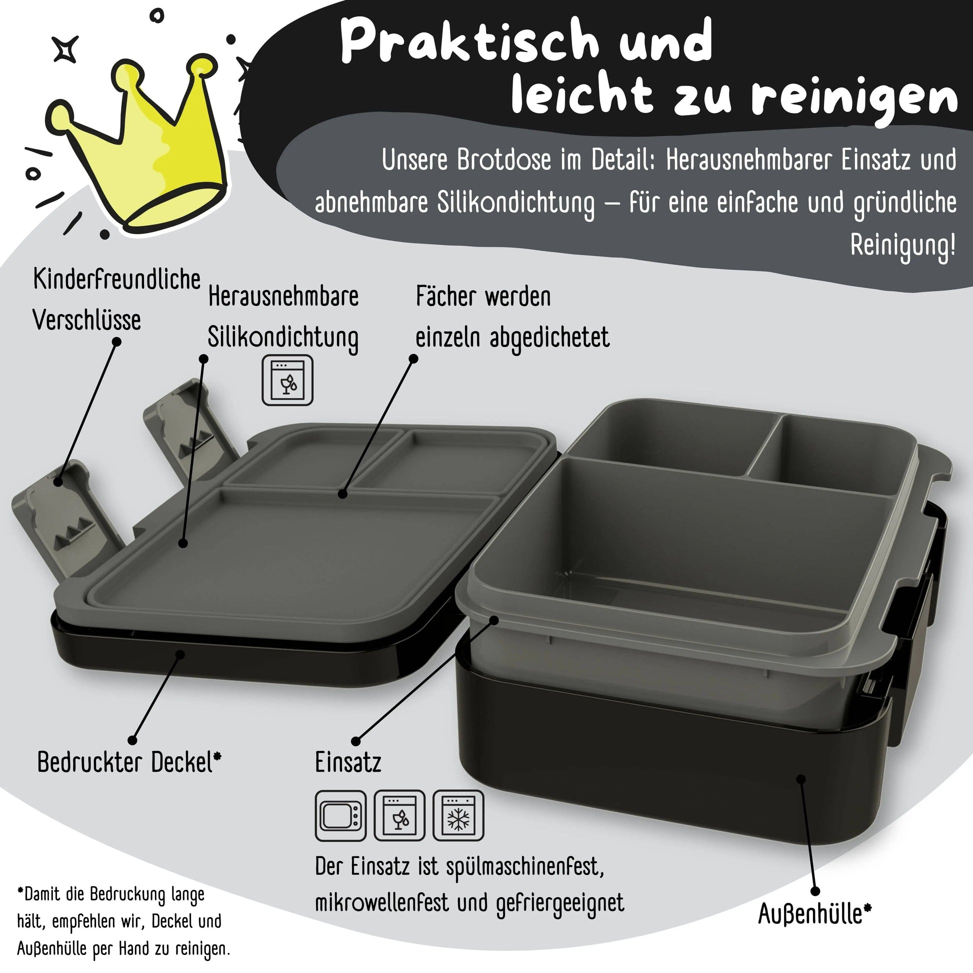 Brotdose mit Fächern, leicht & auslaufsicher - Sticker schwarz: 1.000ml BEARFOOT      NATURKINDCHEN
