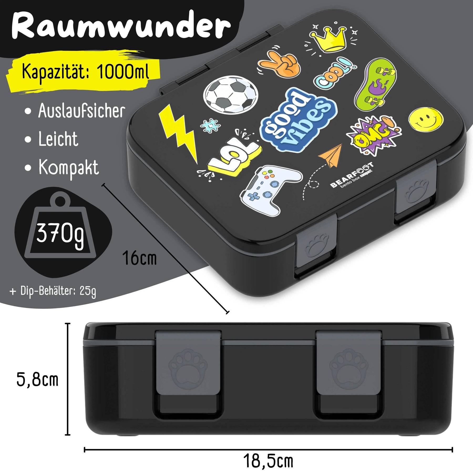 Brotdose mit Fächern, leicht & auslaufsicher - Sticker schwarz: 1.000ml BEARFOOT      NATURKINDCHEN