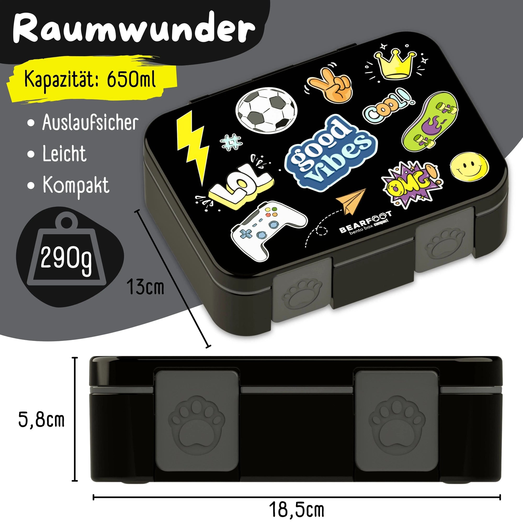 Brotdose mit Fächern, leicht & auslaufsicher - Sticker schwarz: 1.000ml BEARFOOT      NATURKINDCHEN
