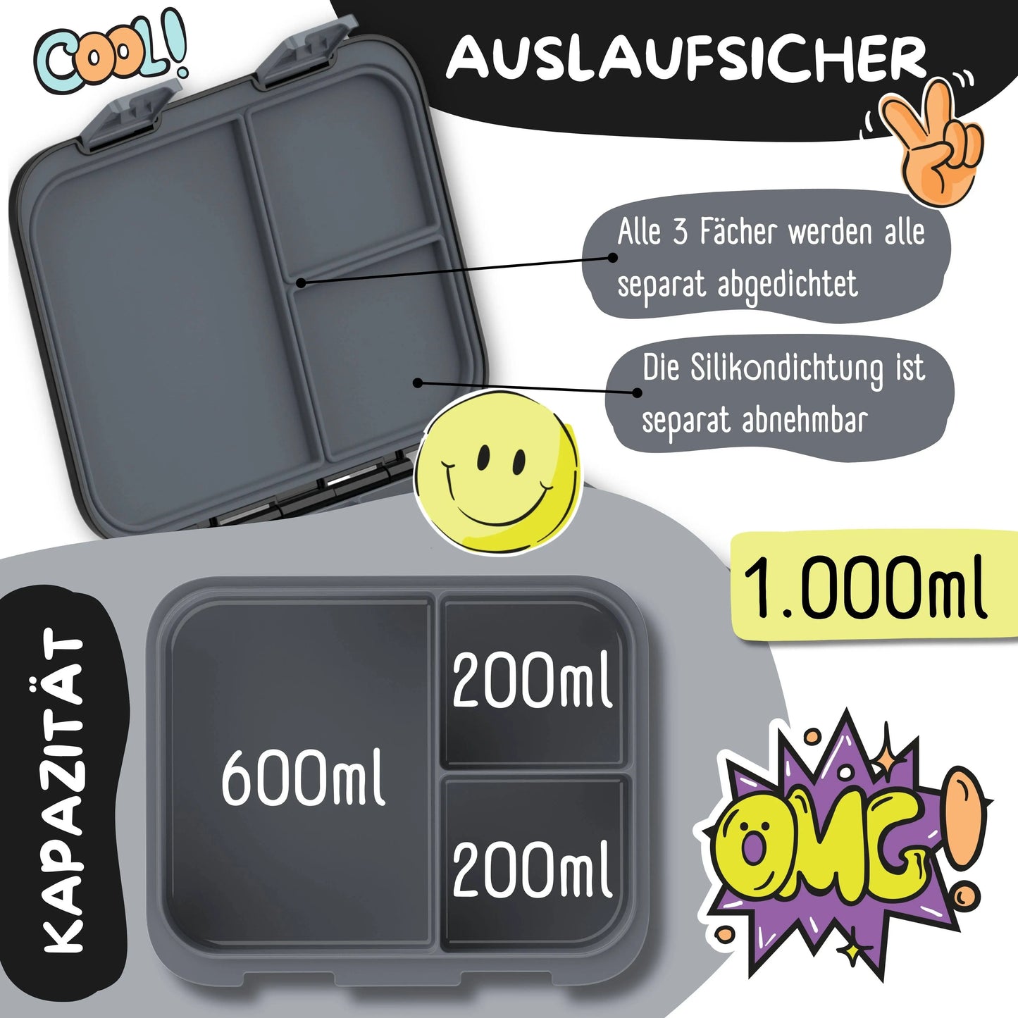 Brotdose mit Fächern, leicht & auslaufsicher - Sticker schwarz: 1.000ml BEARFOOT      NATURKINDCHEN
