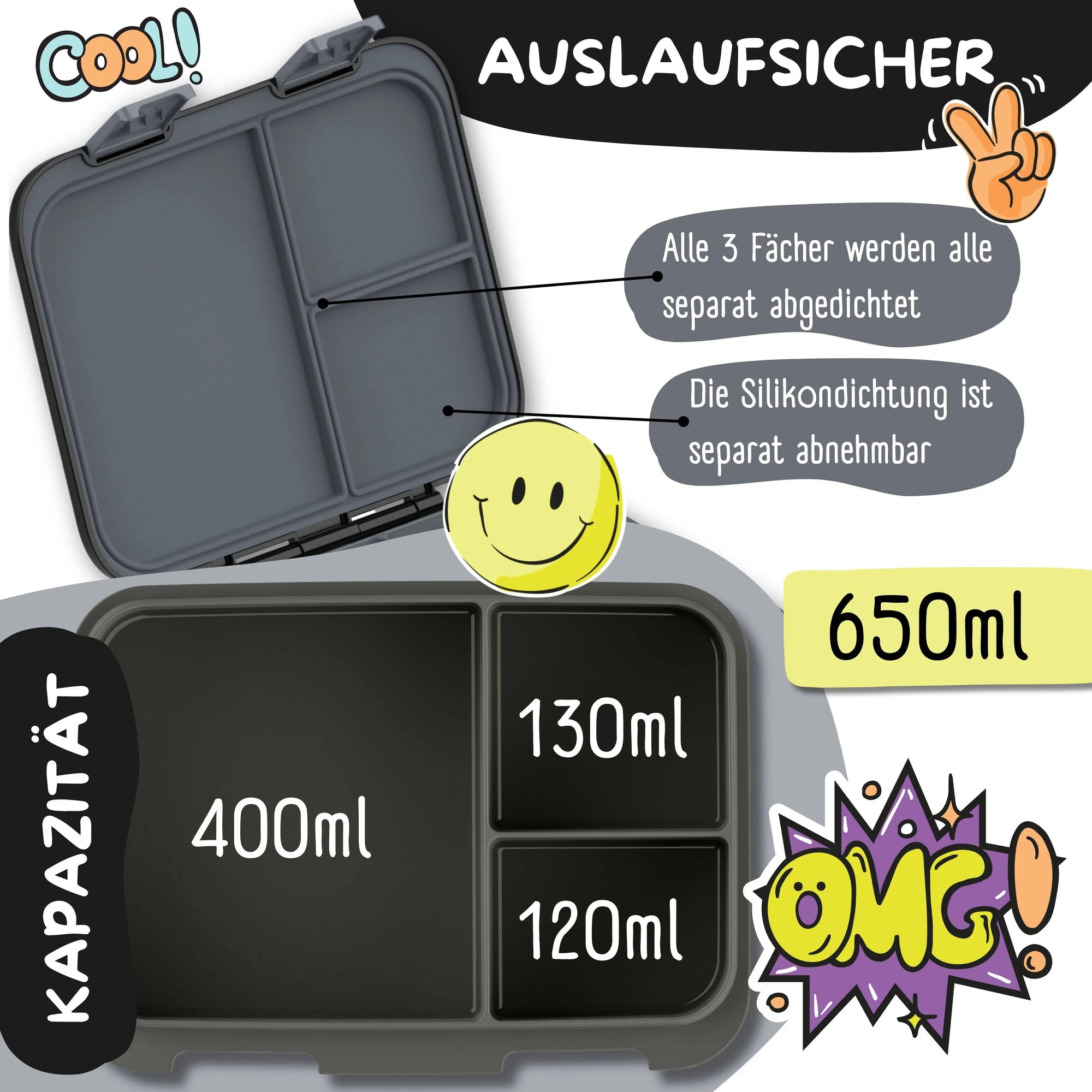 Brotdose mit Fächern, leicht & auslaufsicher - Sticker schwarz: 1.000ml BEARFOOT      NATURKINDCHEN