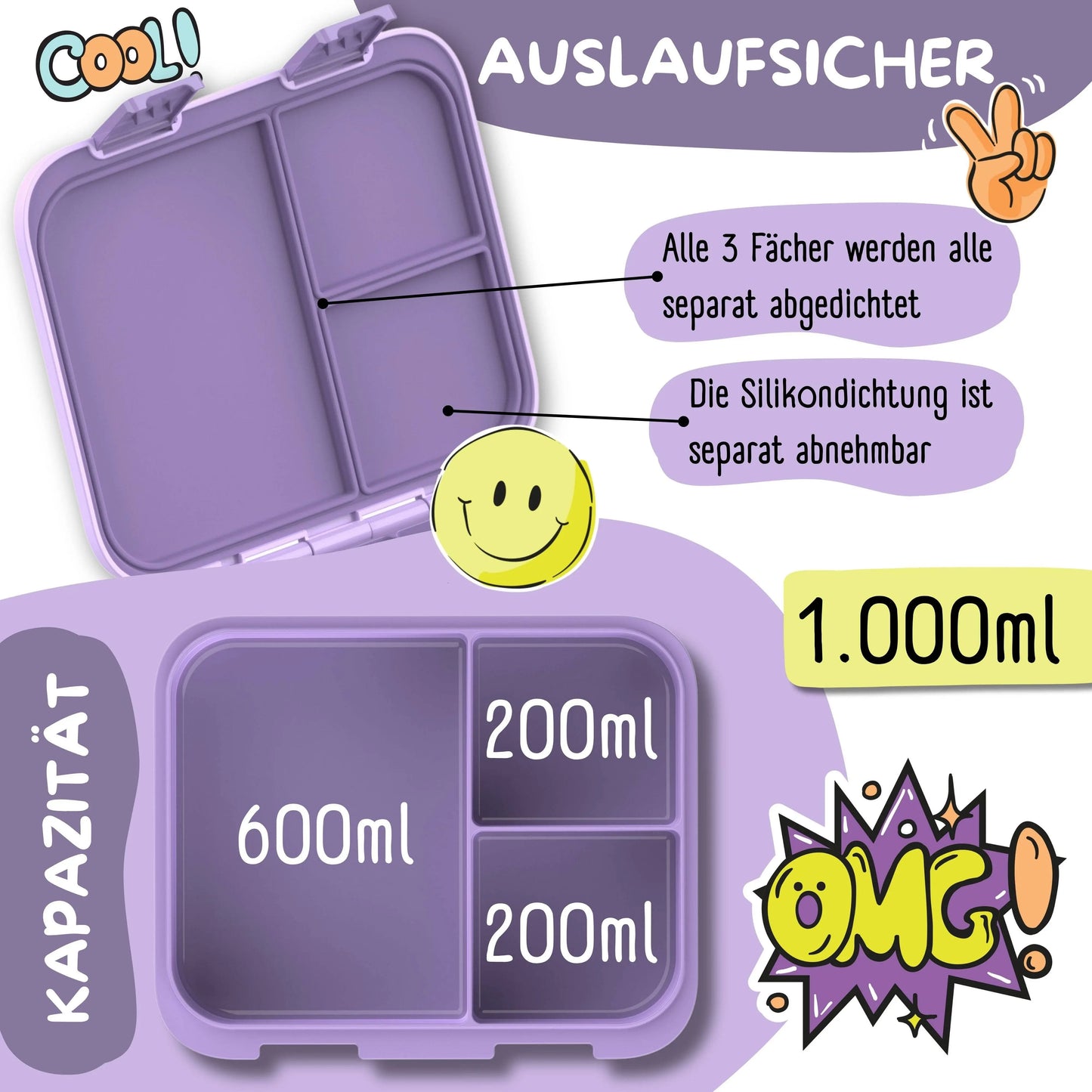 Brotdose mit Fächern, leicht & auslaufsicher - lila: 1.000ml BEARFOOT      NATURKINDCHEN