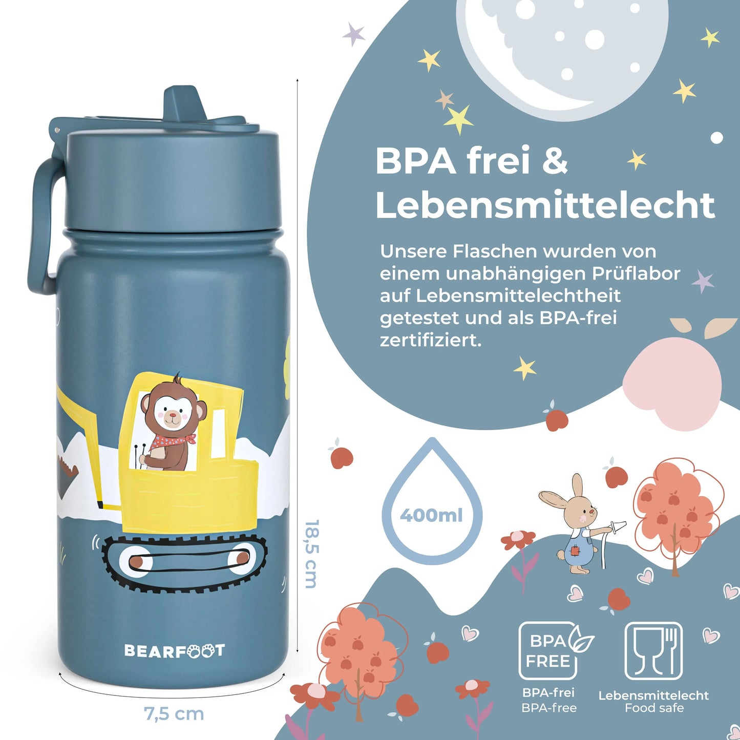 Thermo Kinder Trinkflasche Edelstahl - Bagger BEARFOOT      NATURKINDCHEN
