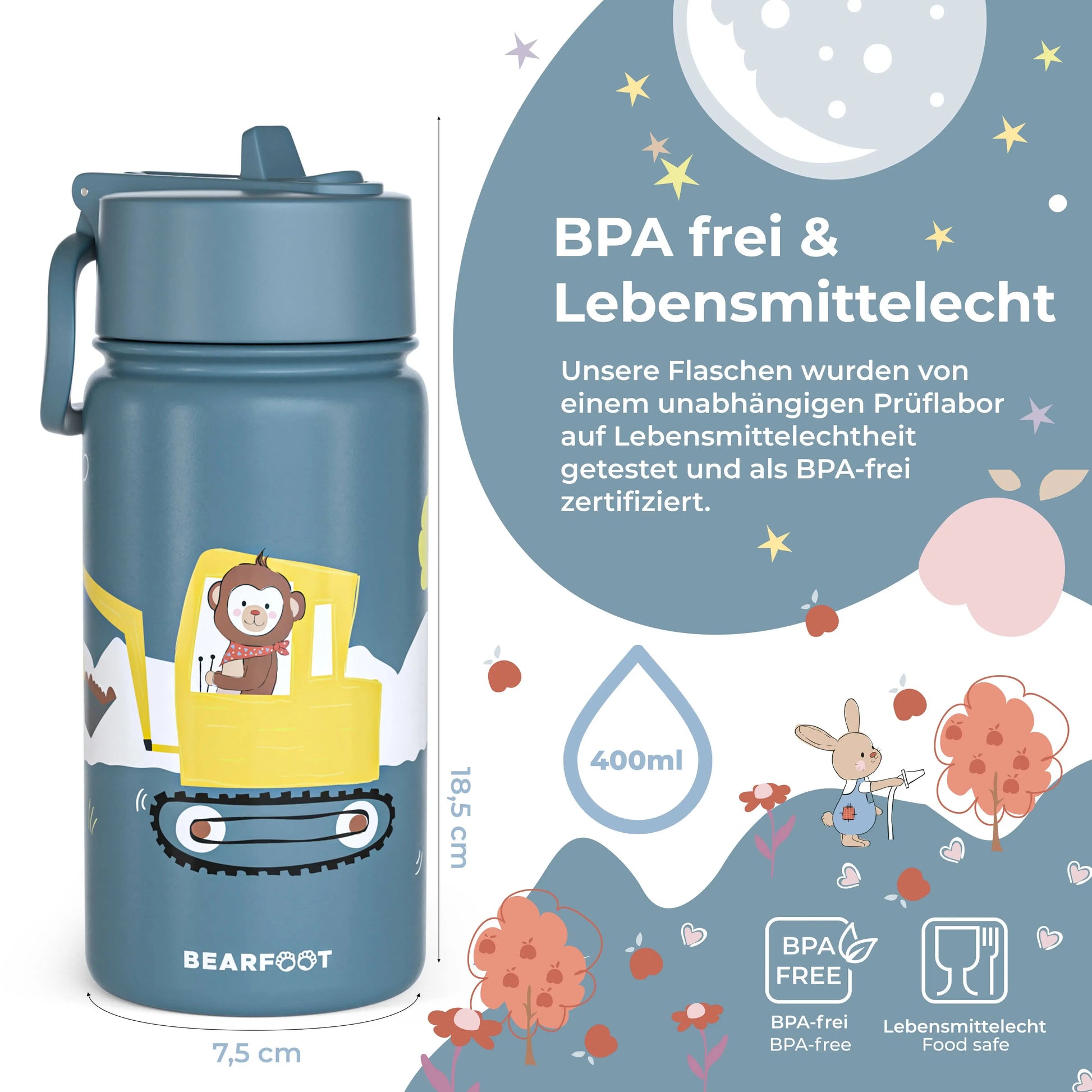 Thermo Kinder Trinkflasche Edelstahl - Bagger BEARFOOT      NATURKINDCHEN