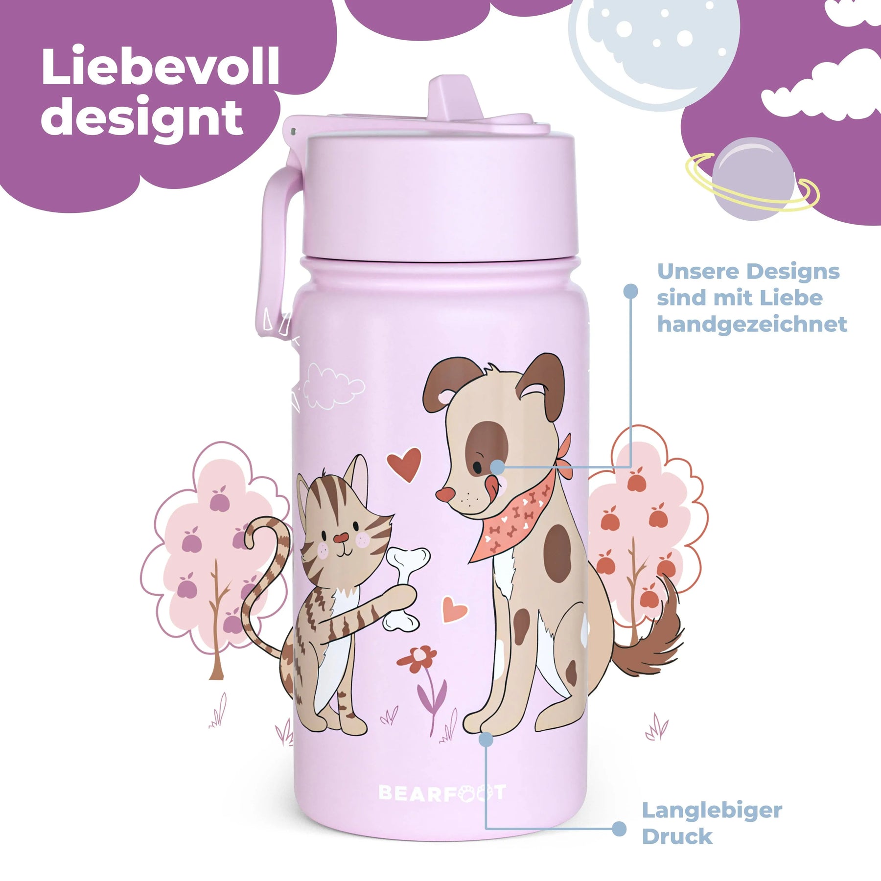 Thermo Kinder Trinkflasche Edelstahl - Hund&Katze lila BEARFOOT      NATURKINDCHEN