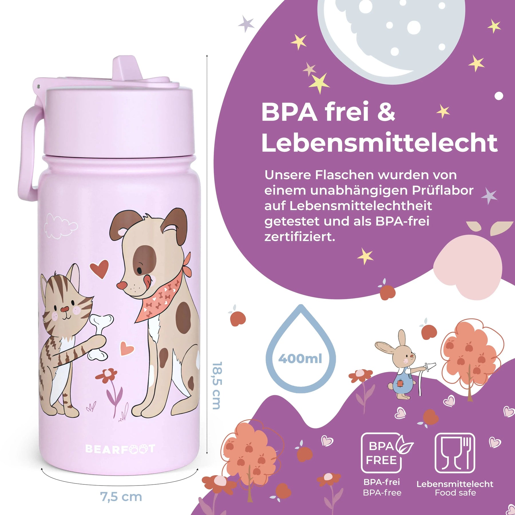 Thermo Kinder Trinkflasche Edelstahl - Hund&Katze lila BEARFOOT      NATURKINDCHEN