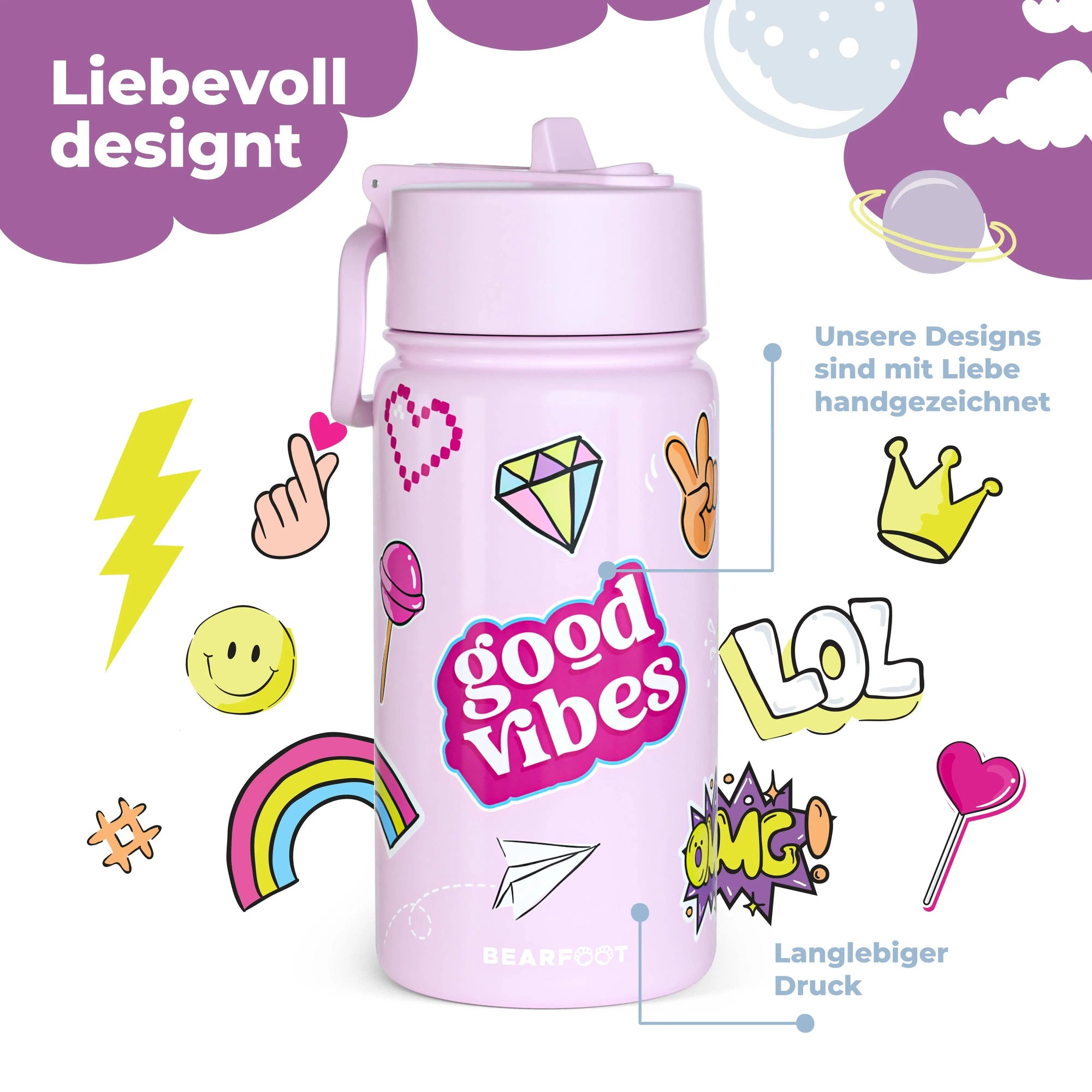 Thermo Kinder Trinkflasche Edelstahl - Sticker lila BEARFOOT      NATURKINDCHEN