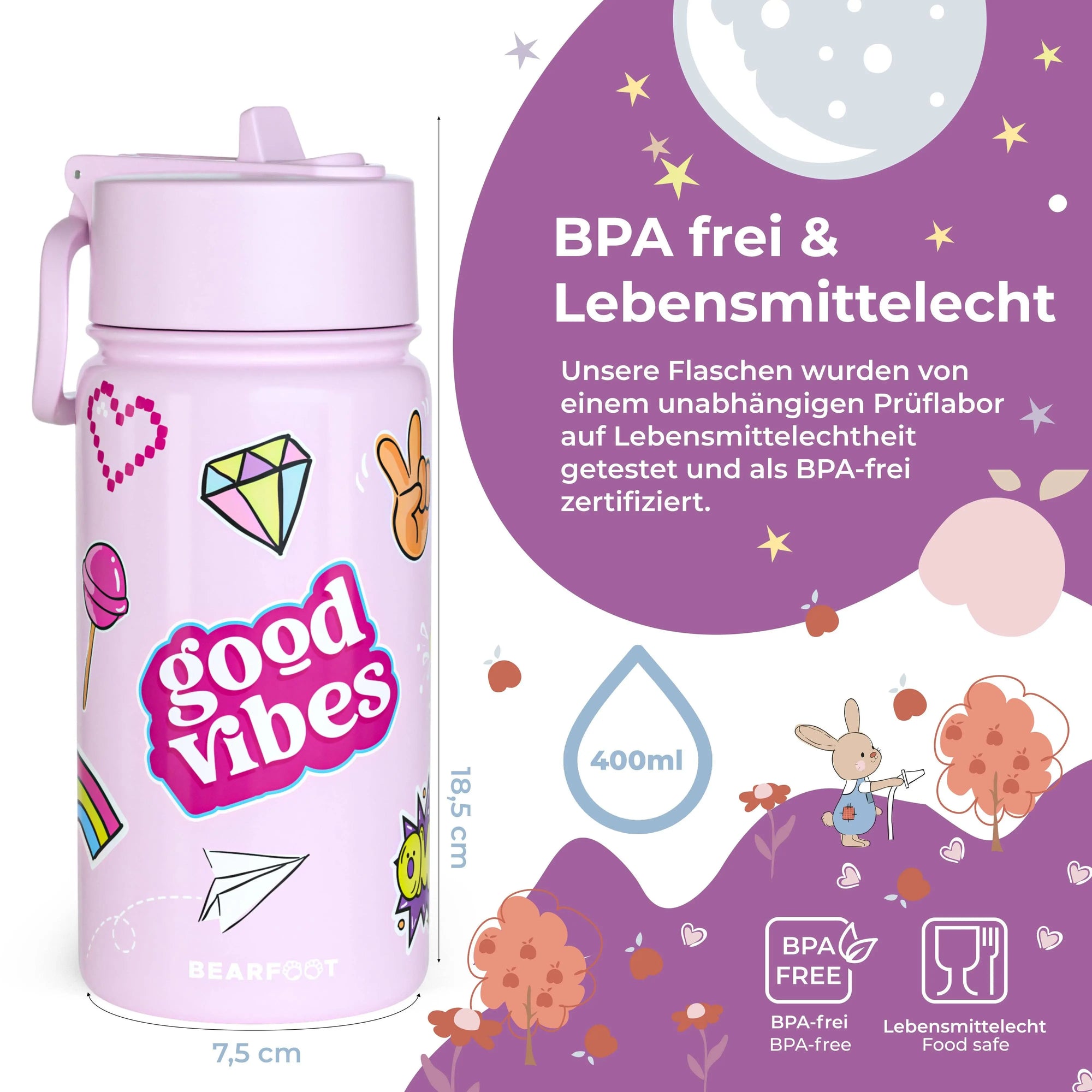 Thermo Kinder Trinkflasche Edelstahl - Sticker lila BEARFOOT      NATURKINDCHEN