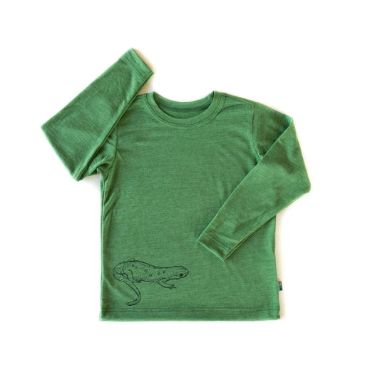 Shirt waldgrün Salamander, Merinowolle & Seide (bio/GOTS): 110-116 Glückskind