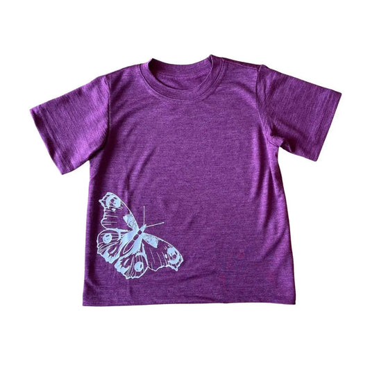 T-Shirt zwetschke mit Schmetterling, Merinowolle & Seide (bio/GOTS): 122-128 Glückskind