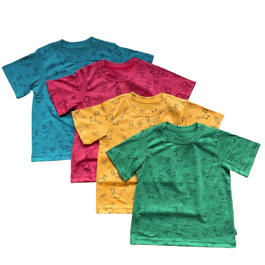 T-Shirt waldgrün mit Fuchs-Print, Merinowolle & Seide (bio/GOTS): 98-104 Glückskind