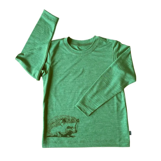 Shirt waldgrün Igel, Merinowolle & Seide (bio/GOTS): 122-128 Glückskind