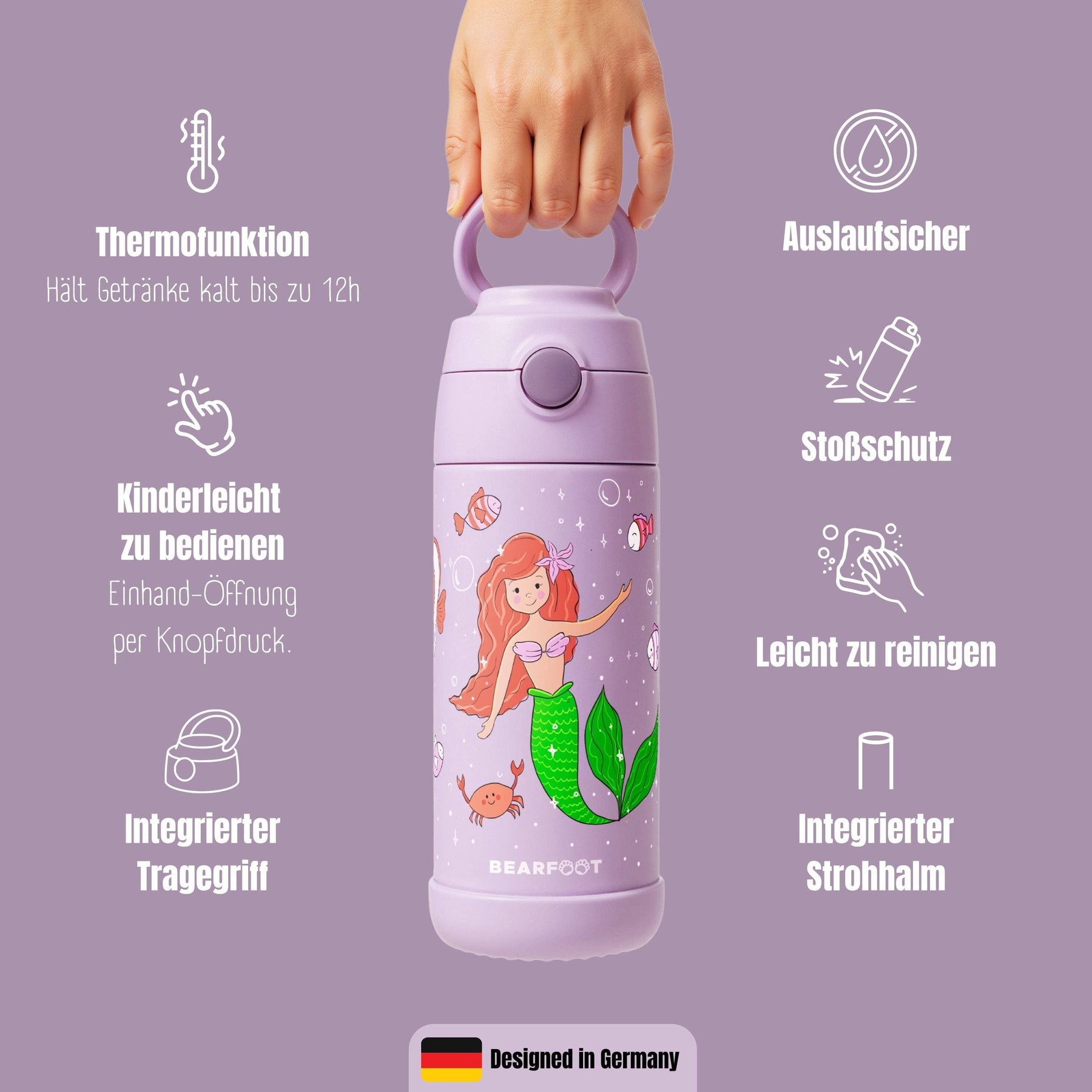 Thermo Kinder Trinkflasche Edelstahl - Meerjungfrau lila BEARFOOT      NATURKINDCHEN